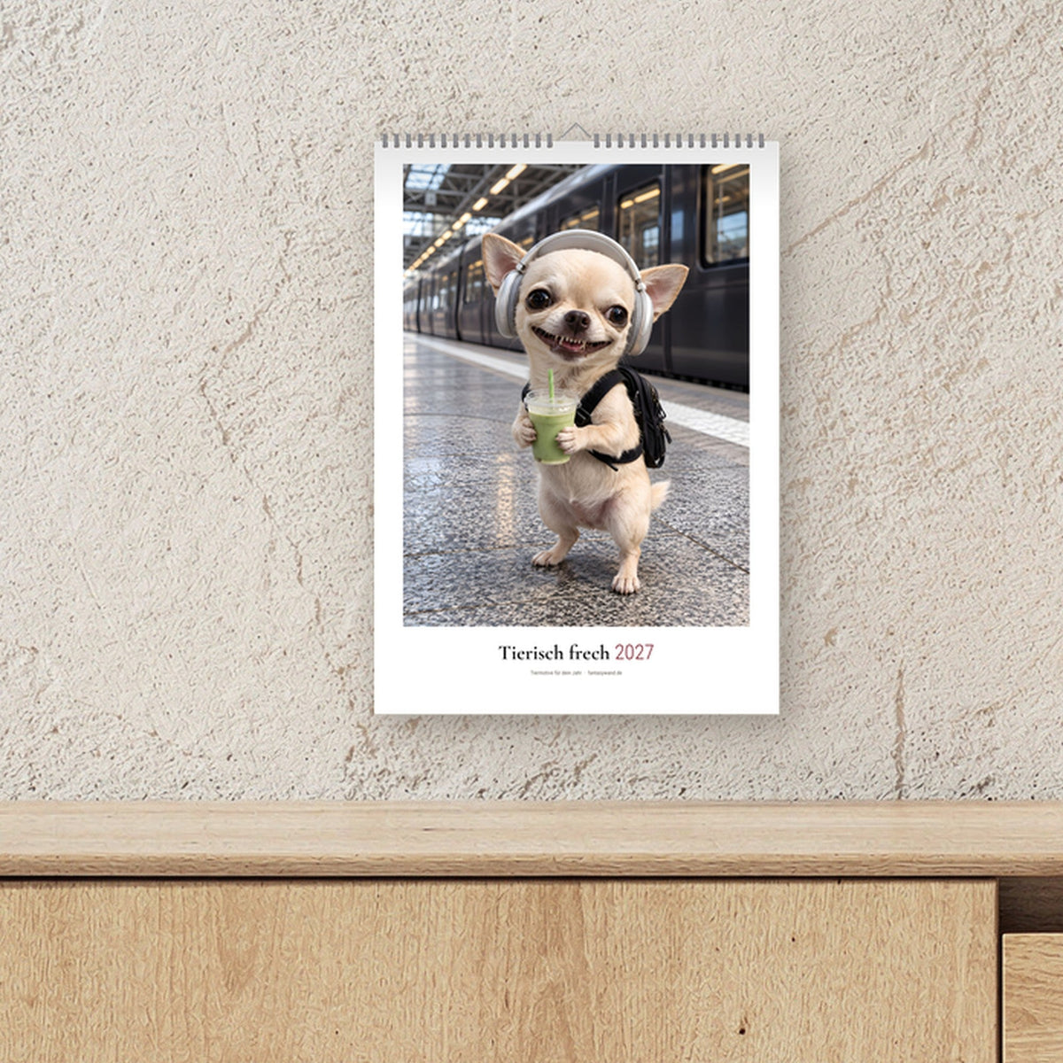 Tierisch frech Kalender 2027 – Bahnhof-Chihuahua im Raum, Produktvisualisierung