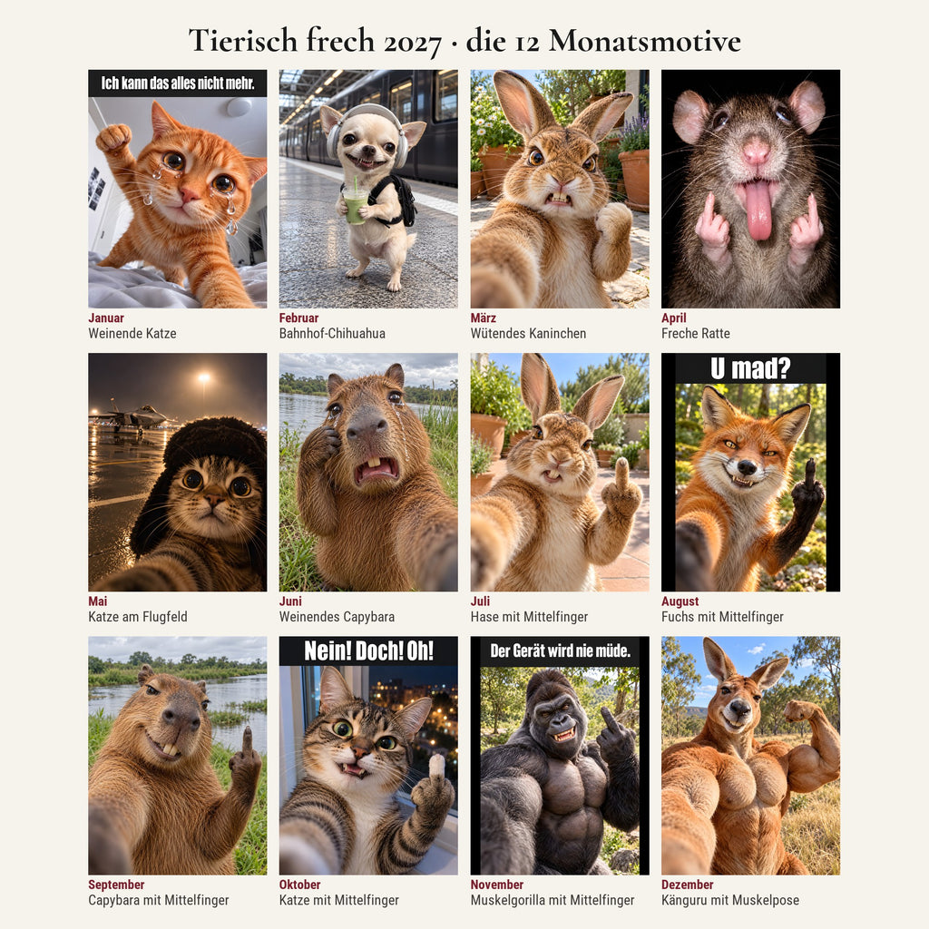 Tierisch frech Kalender 2027 – Monatsmotive, Produktvisualisierung