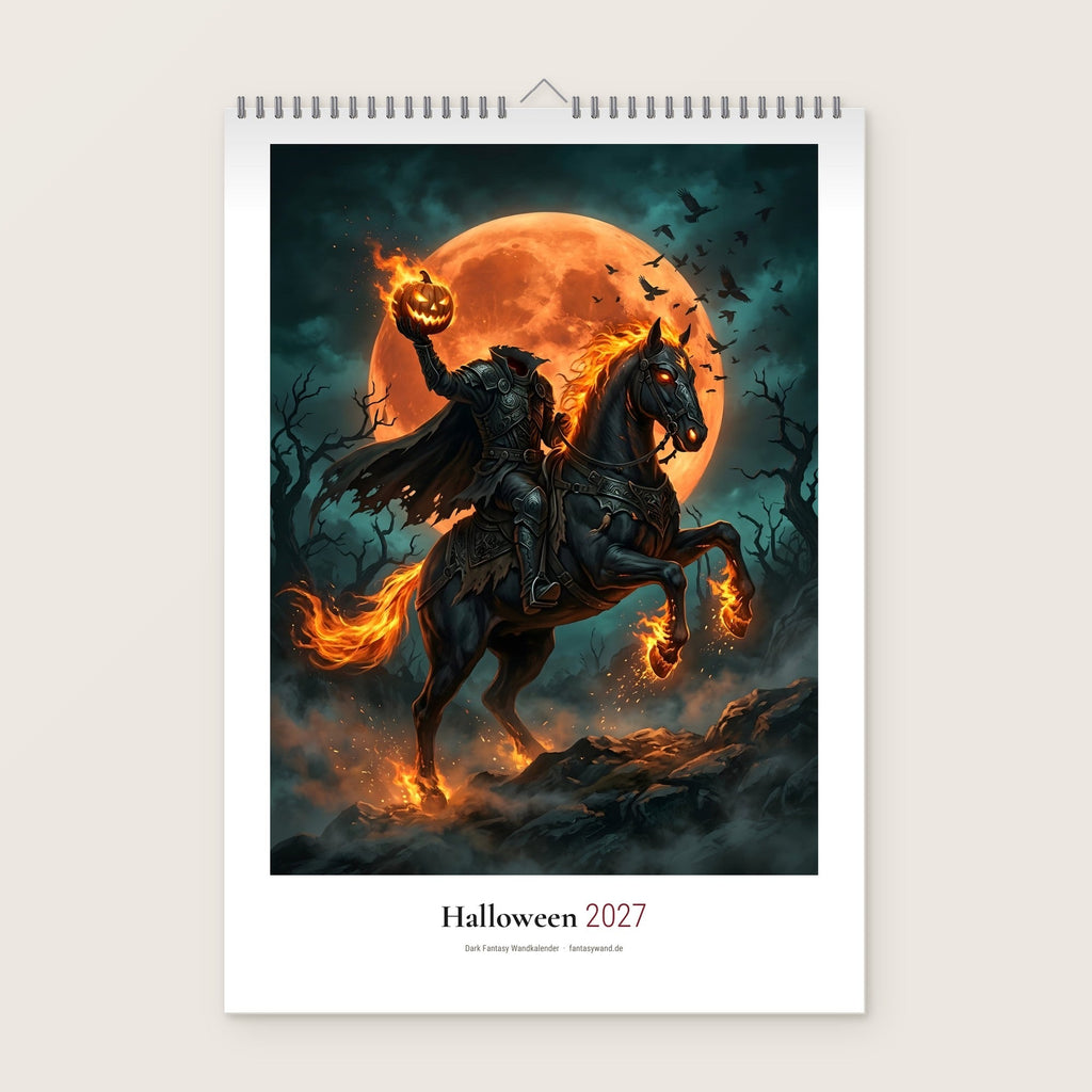 Halloween Kalender 2027 – Deckblatt, Wandkalender mit Drahtbindung und Aufhänger an heller Wand