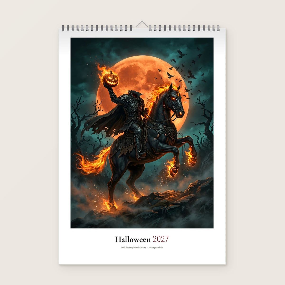 Halloween Kalender 2027 – Deckblatt, Wandkalender mit Drahtbindung und Aufhänger an heller Wand