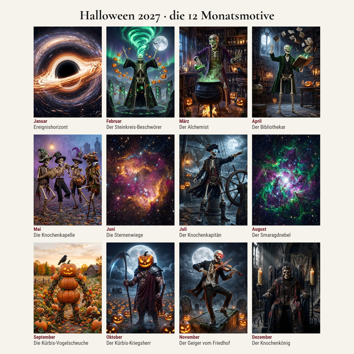 Halloween Kalender 2027 – alle 12 Monatsmotive in der Übersicht