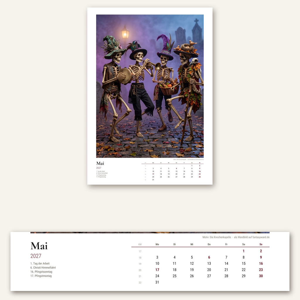 Halloween Kalender 2027 – Mai-Seite mit Monatsraster, Kalenderwochen und Feiertagen in Nahaufnahme
