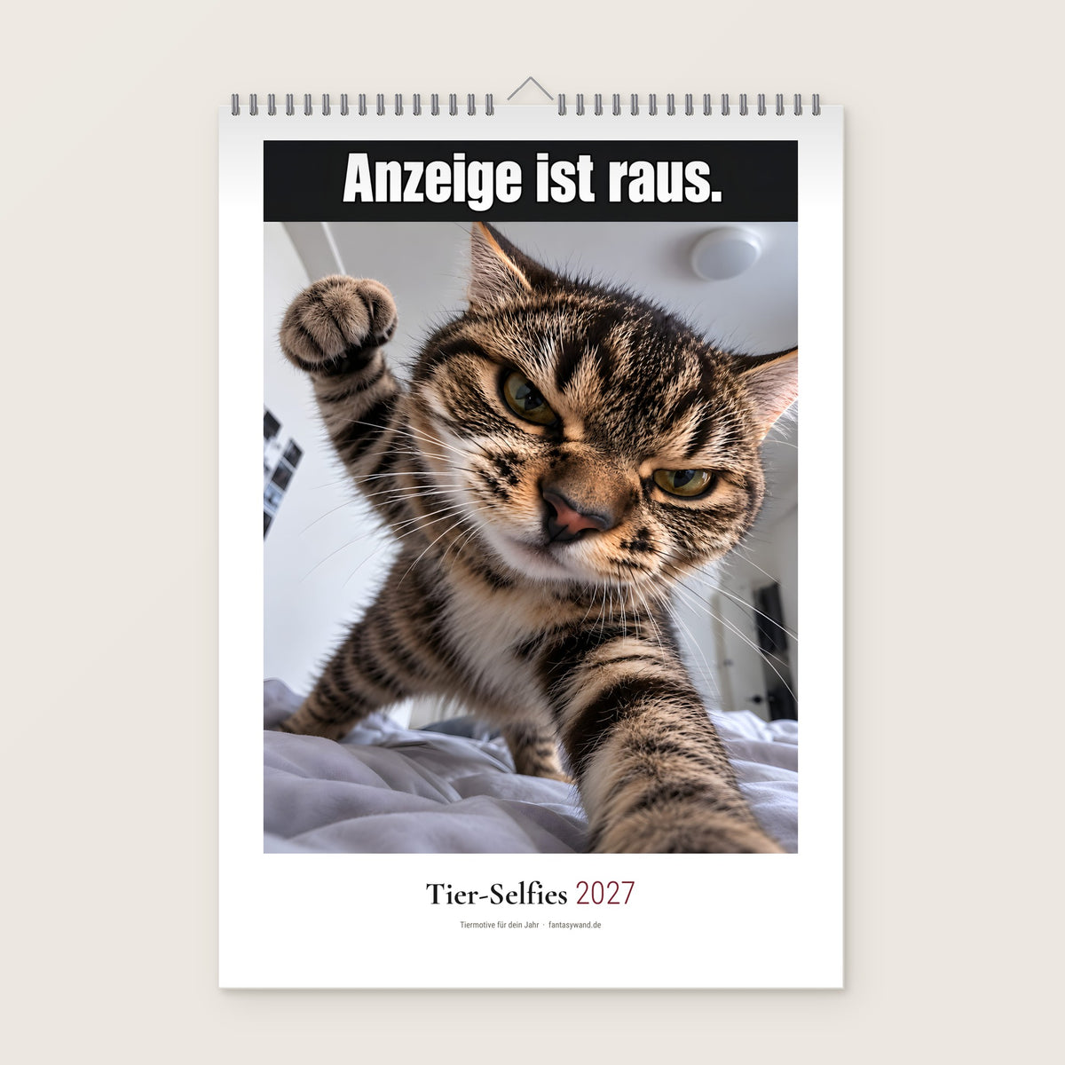 Tier-Selfies Kalender 2027 – Bettkatze Anzeige ist raus., Deckblatt mit Drahtbindung, Produktvisualisierung