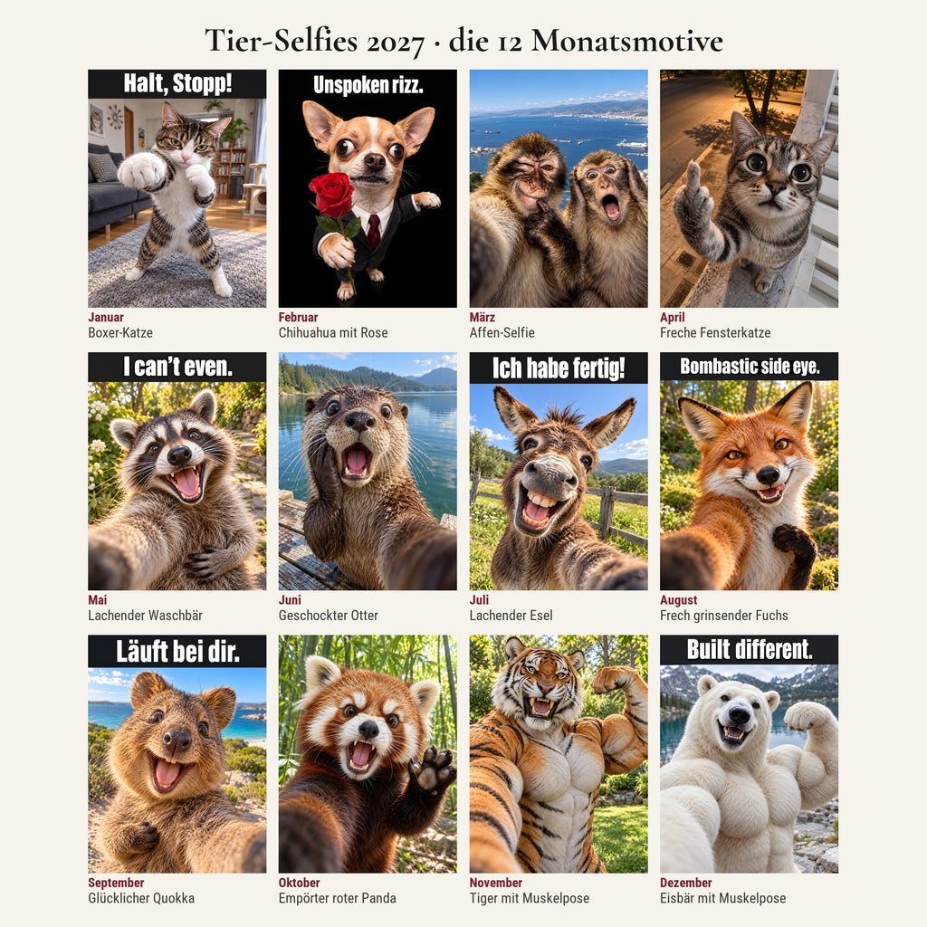 Tier-Selfies Kalender 2027 – Monatsmotive, Produktvisualisierung