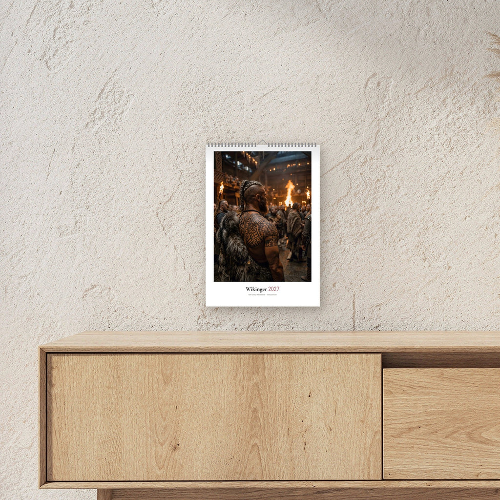Wikinger Kalender 2027 – A3-Kalender über einem Sideboard, zeigt die Größe im Raum