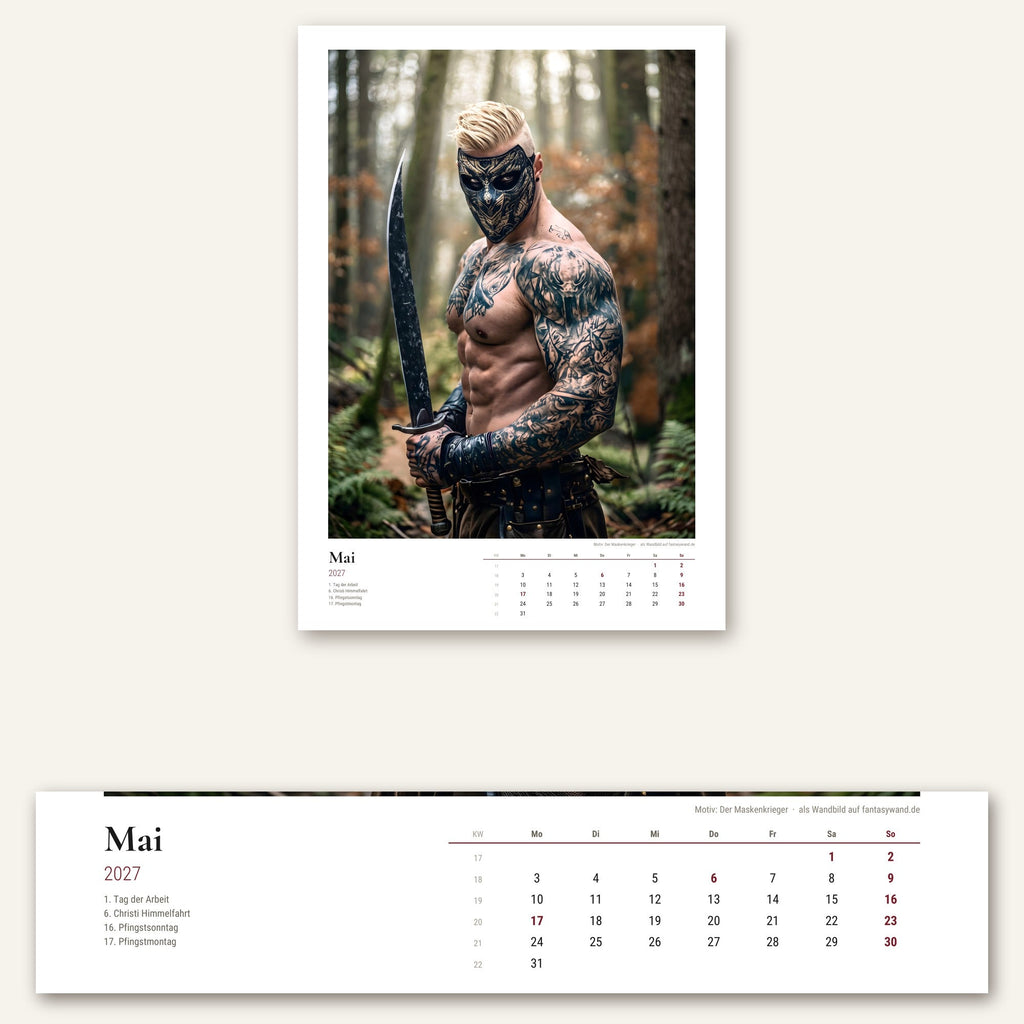 Wikinger Kalender 2027 – Mai-Seite mit Monatsraster, Kalenderwochen und Feiertagen in Nahaufnahme
