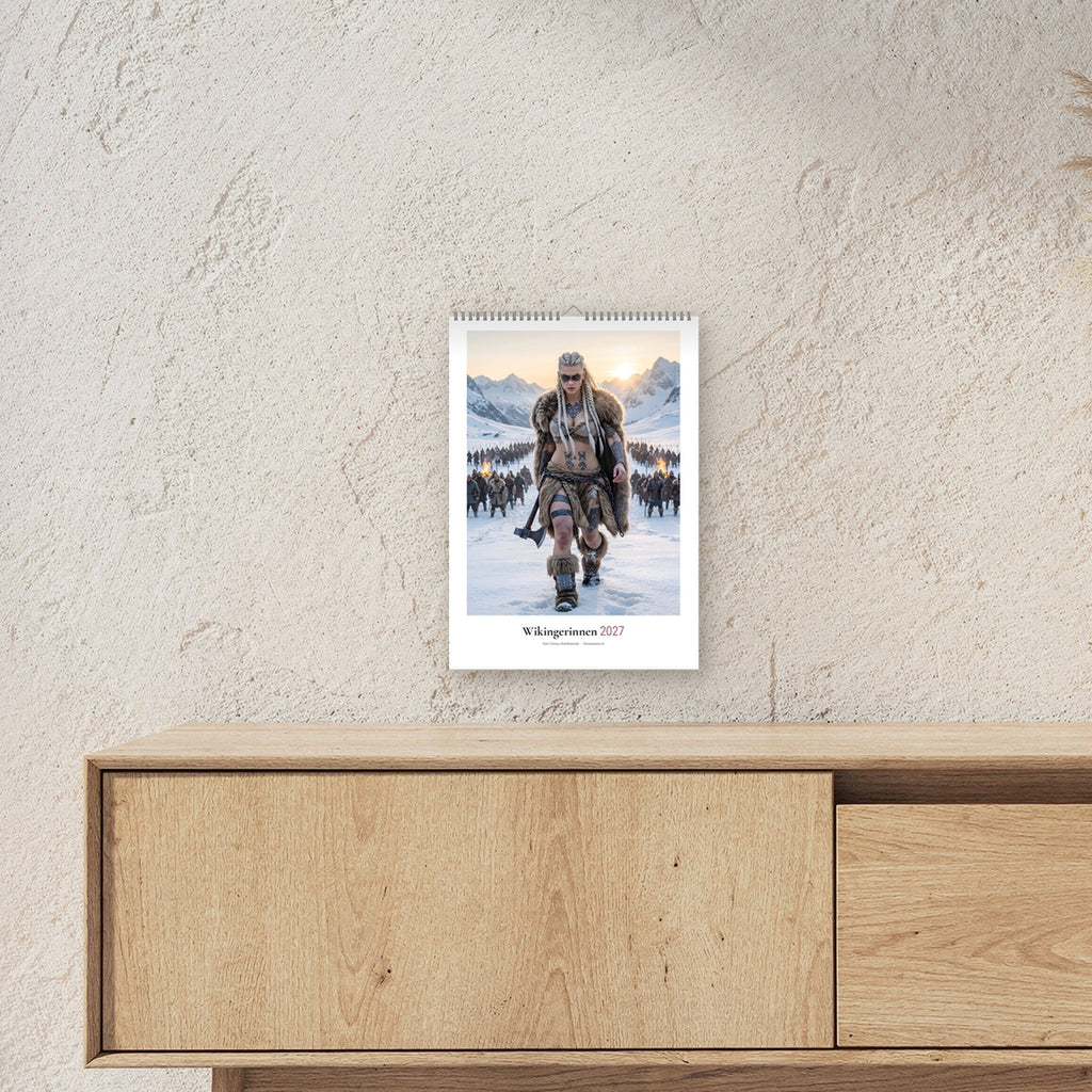 Wikingerinnen Kalender 2027 – A3-Kalender über einem Sideboard, zeigt die Größe im Raum