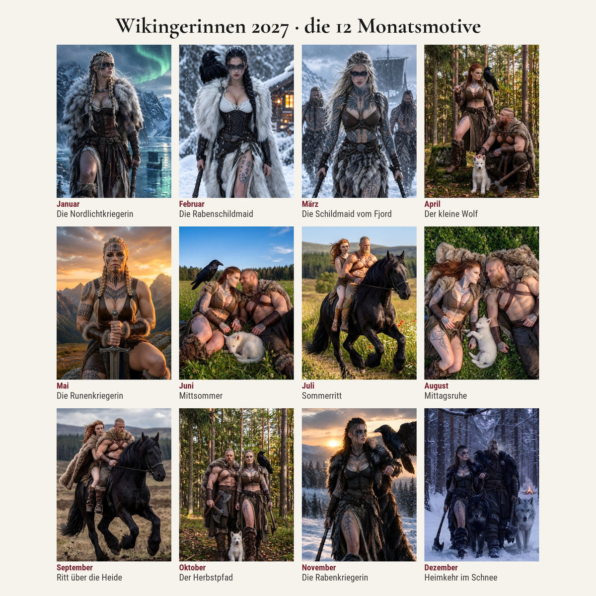 Wikingerinnen Kalender 2027 – alle 12 Monatsmotive in der Übersicht