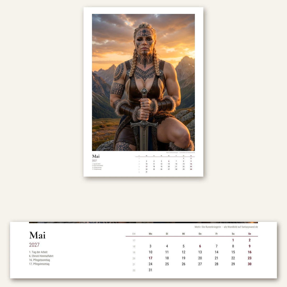 Wikingerinnen Kalender 2027 – Mai-Seite mit Monatsraster, Kalenderwochen und Feiertagen in Nahaufnahme
