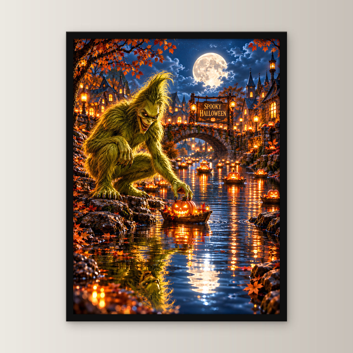 Die Kürbisflotte – Halloween-Monster mit Kürbisbooten im Mondschein, im schwarzen Holzrahmen, gerade von vorn an heller Wand