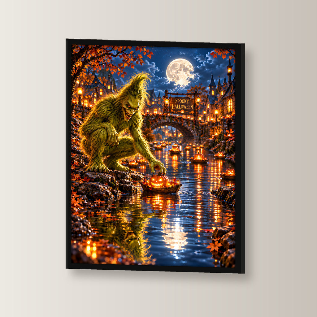 Die Kürbisflotte – Halloween-Monster mit Kürbisbooten im Mondschein, im schwarzen Holzrahmen, leicht gedreht an der Wand