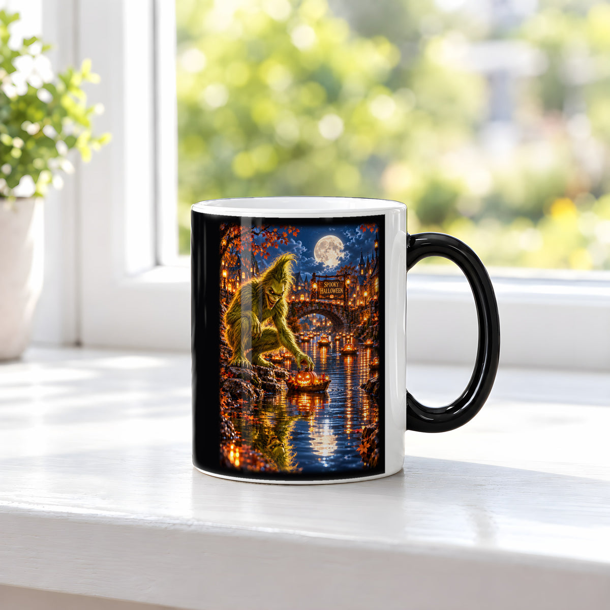 Die Kürbisflotte – Halloween-Monster mit Kürbisbooten im Mondschein, Black Edition (Zaubertasse), auf einer Fensterbank