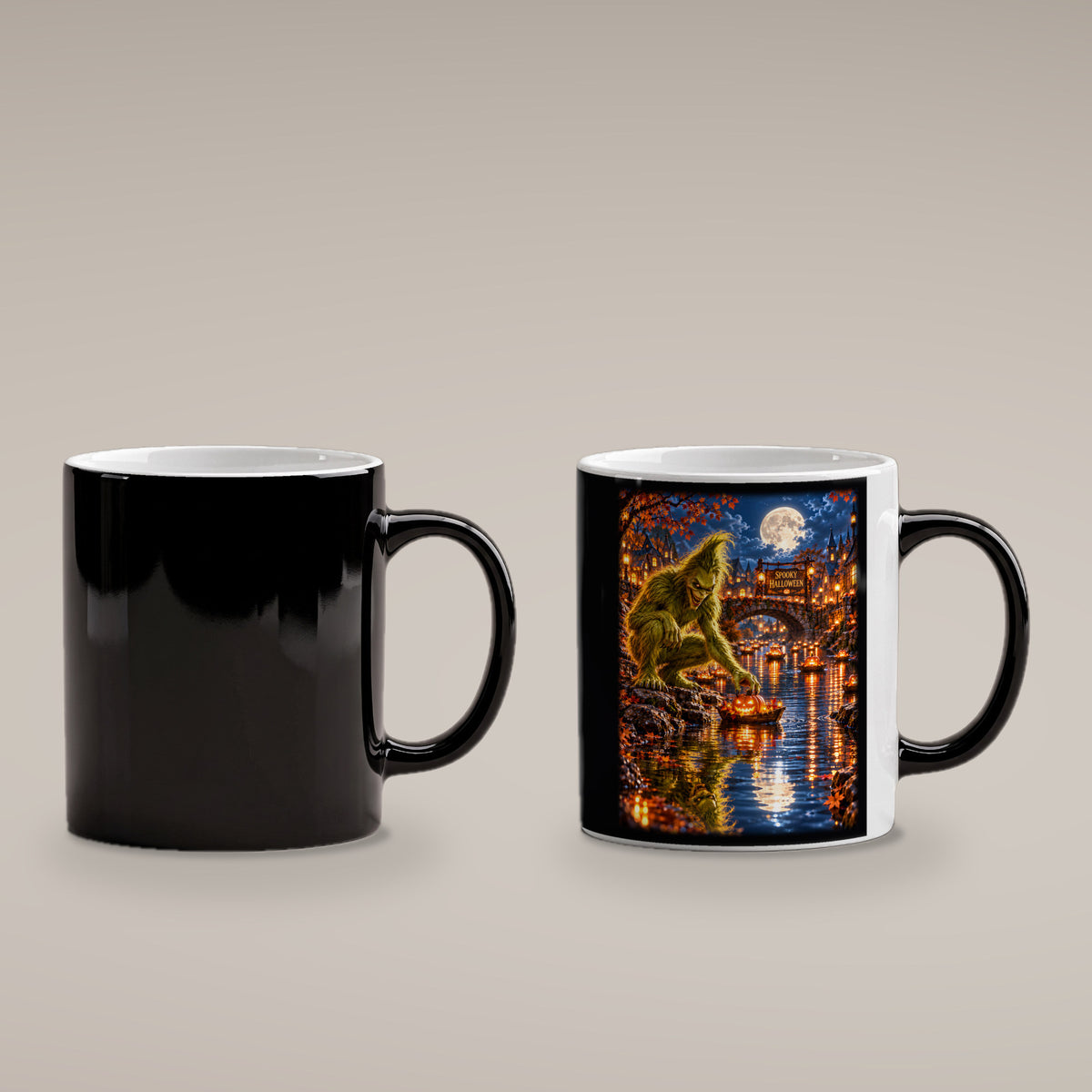 Die Kürbisflotte – Halloween-Monster mit Kürbisbooten im Mondschein, Black Edition (Zaubertasse), kalt schwarz und heiß mit sichtbarem Motiv