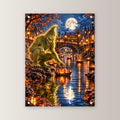 Die Kürbisflotte – Halloween-Monster mit Kürbisbooten im Mondschein, auf Acrylglas mit vier Abstandshaltern, gerade von vorn an heller Wand