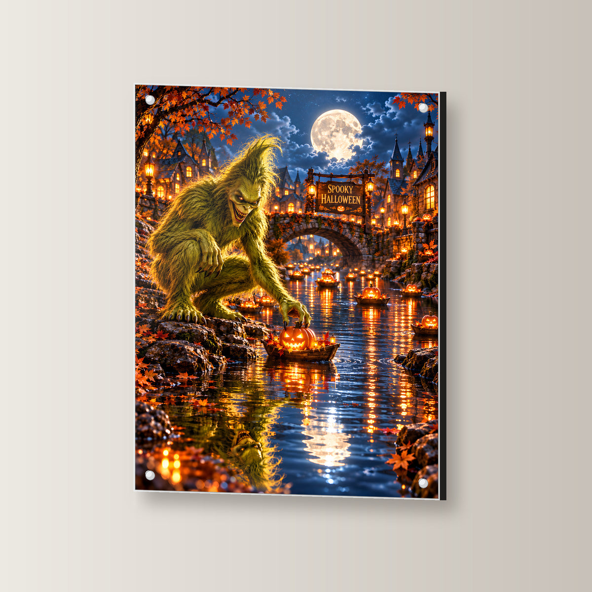 Die Kürbisflotte – Halloween-Monster mit Kürbisbooten im Mondschein, auf Acrylglas mit vier Abstandshaltern, leicht gedreht an der Wand