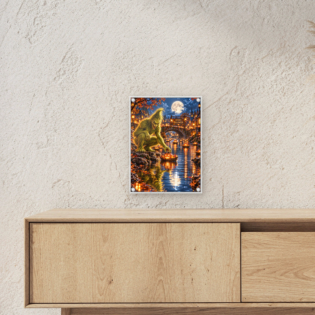 Die Kürbisflotte – Halloween-Monster mit Kürbisbooten im Mondschein, auf Acrylglas mit vier Abstandshaltern, über einem Sideboard, zeigt die Größe im Raum