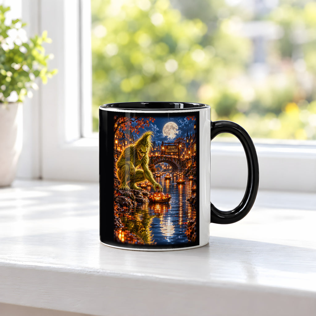 Die Kürbisflotte – Halloween-Monster mit Kürbisbooten im Mondschein, Tasse Innen schwarz, auf einer Fensterbank