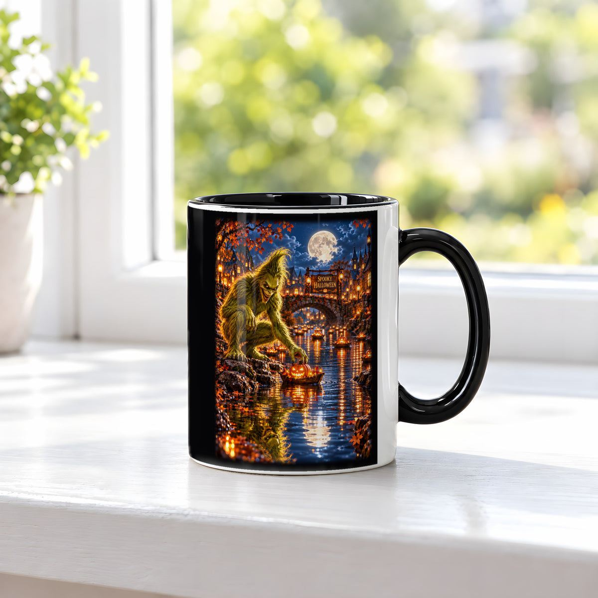 Die Kürbisflotte – Halloween-Monster mit Kürbisbooten im Mondschein, Tasse Innen schwarz, auf einer Fensterbank