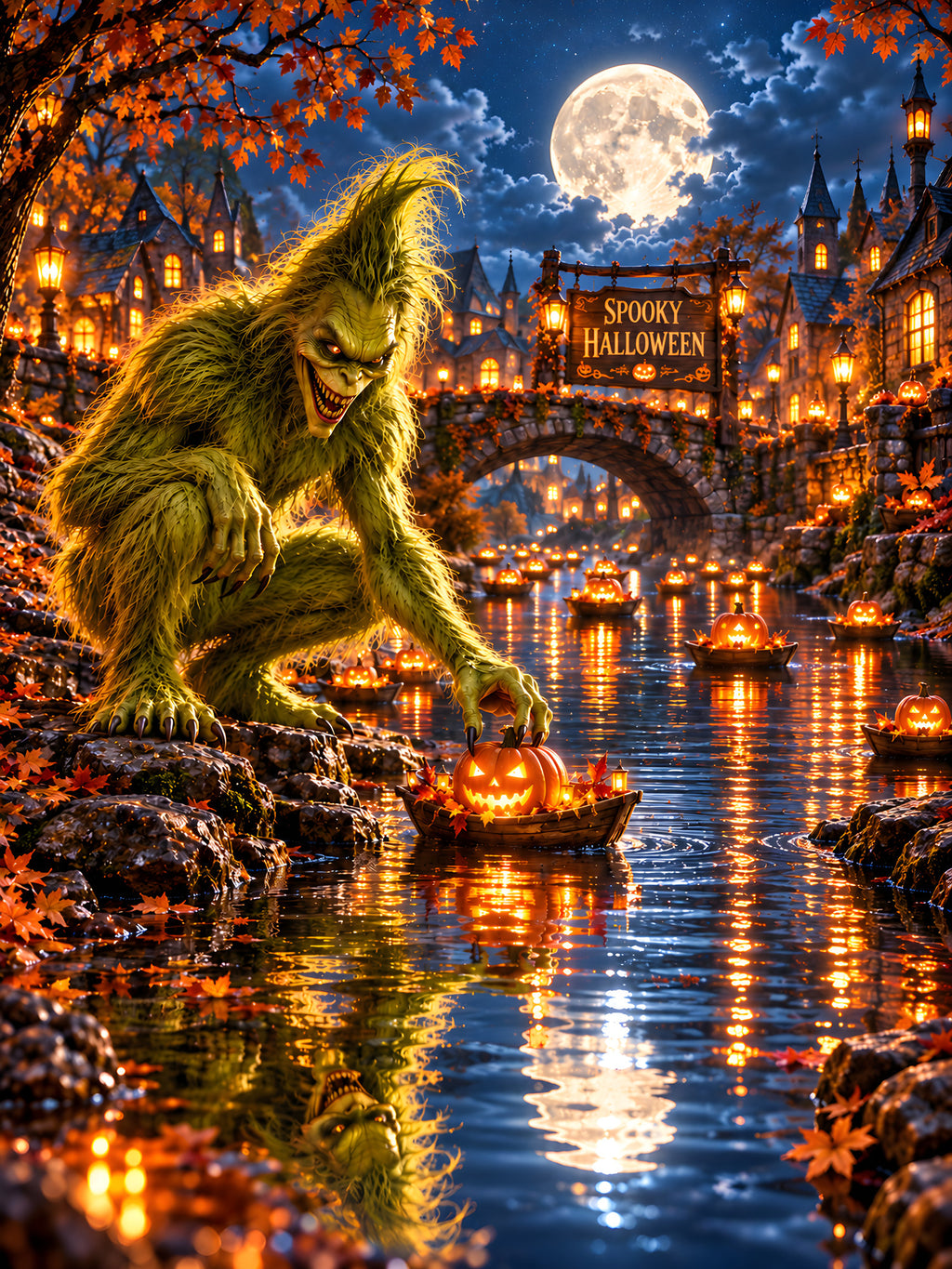 Die Kürbisflotte – Halloween-Monster mit Kürbisbooten im Mondschein, vollständiges Motiv