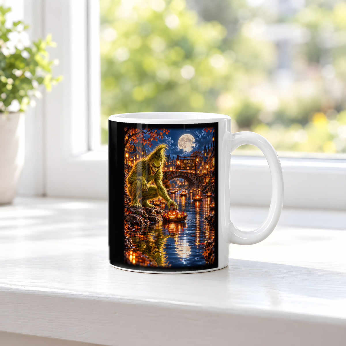 Die Kürbisflotte – Halloween-Monster mit Kürbisbooten im Mondschein, Tasse Weiß, auf einer Fensterbank