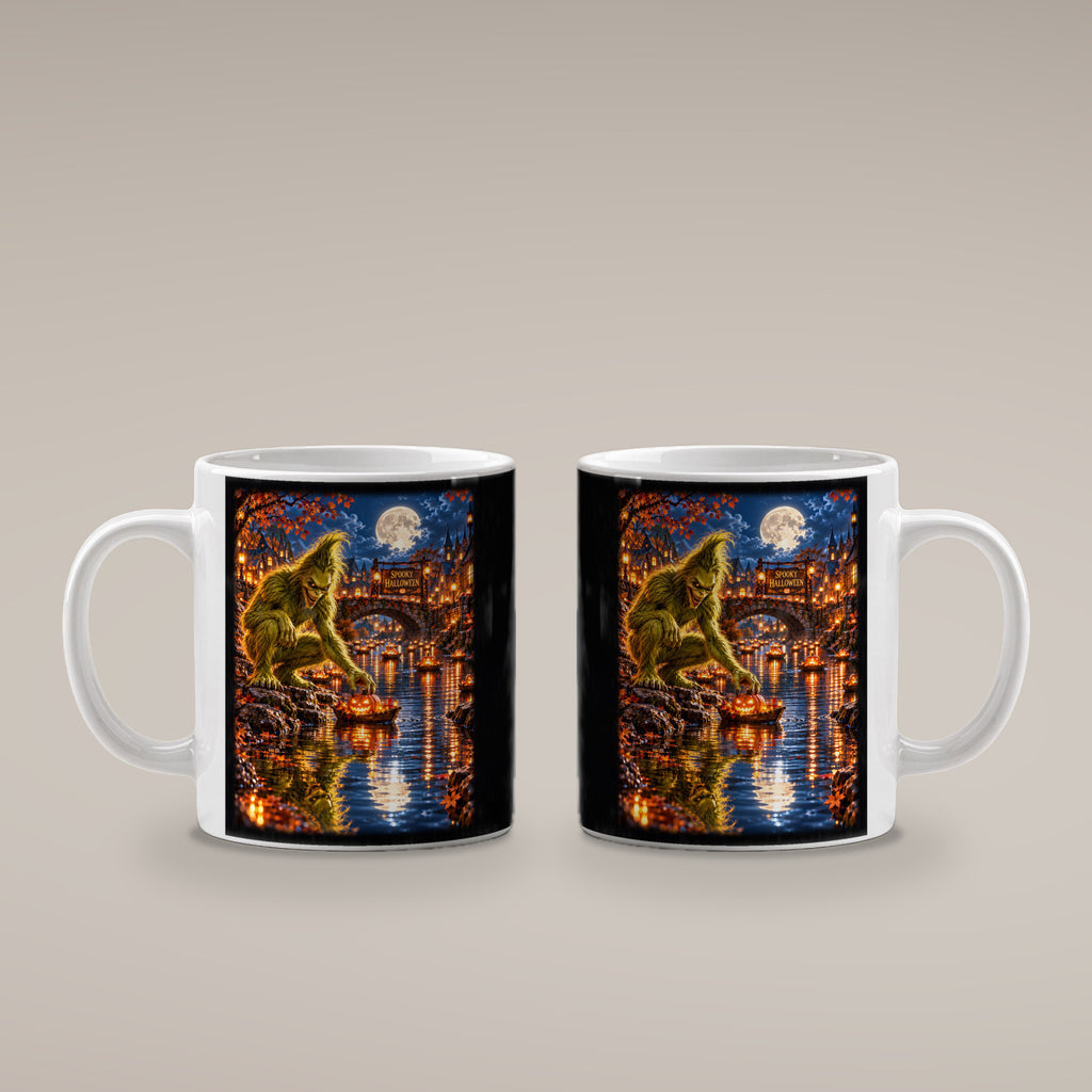 Die Kürbisflotte – Halloween-Monster mit Kürbisbooten im Mondschein, Tasse Weiß, beide bedruckten Seiten