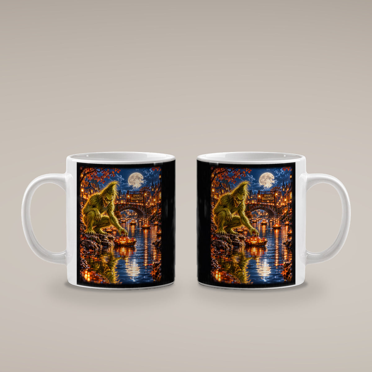 Die Kürbisflotte – Halloween-Monster mit Kürbisbooten im Mondschein, Tasse Weiß, beide bedruckten Seiten