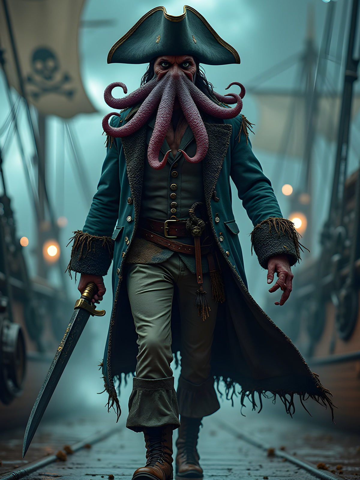 Der Krakenkapitän — pirat mit Krakenkopf und Säbel auf dem Deck