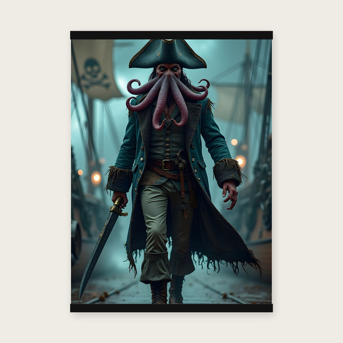 Der Krakenkapitän – Poster mit schwarzer Holzleiste, 50×70 cm