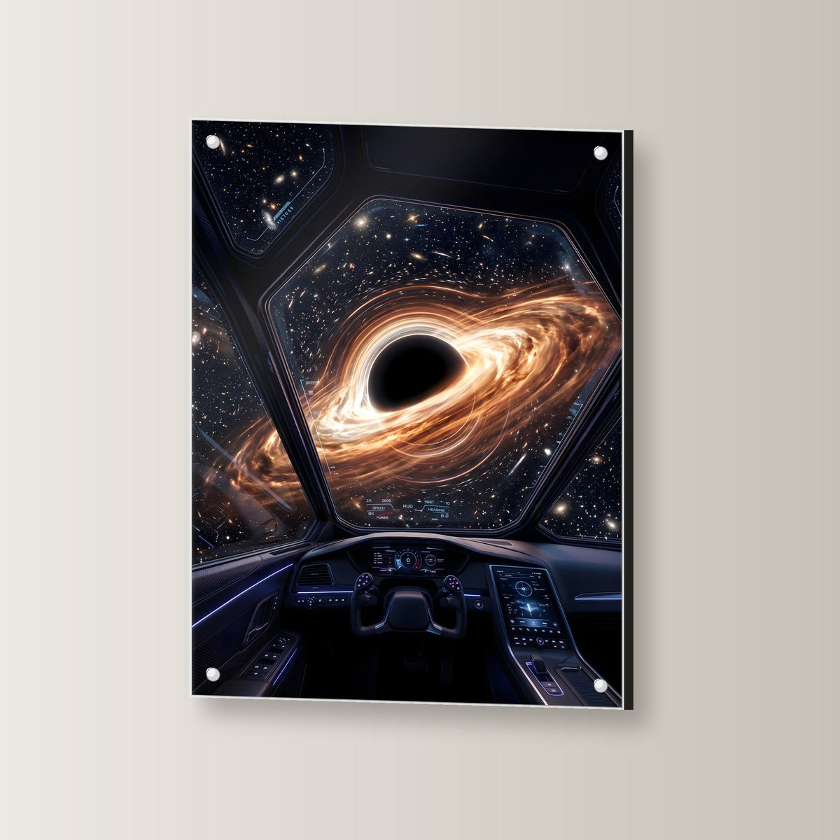 Kurs Singularität – Schwarzes Loch vor dem sechseckigen Cockpit eines Raumschiffs, auf Acrylglas mit Abstandshaltern, leicht gedreht an der Wand
