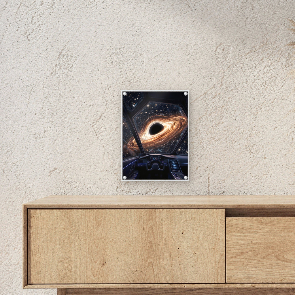 Kurs Singularität – Schwarzes Loch vor dem sechseckigen Cockpit eines Raumschiffs, auf Acrylglas mit Abstandshaltern, über einem Sideboard