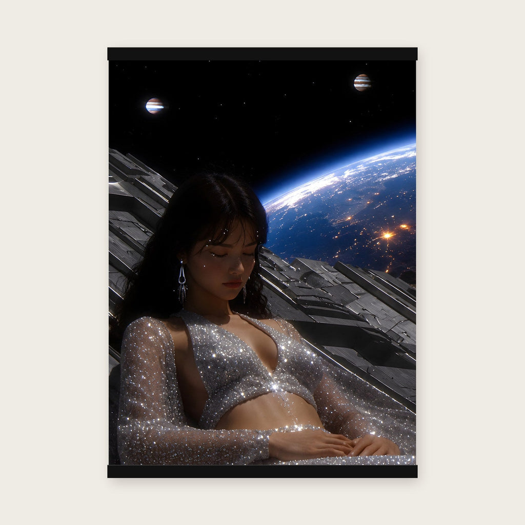 Kosmische Träumerin – Poster mit schwarzer Holzleiste, 50×70 cm