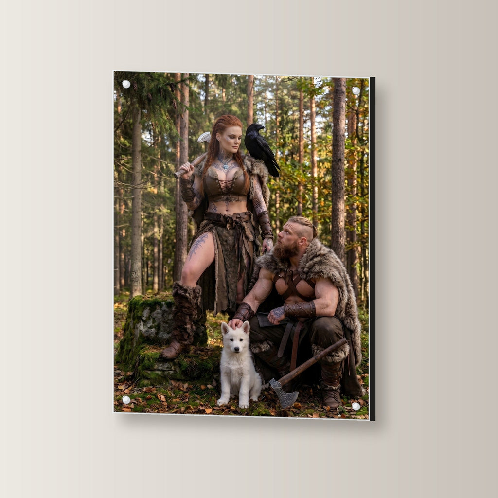 Der kleine Wolf – Wikinger streichelt einen weißen Welpen im Wald, auf Acrylglas mit Abstandshaltern, leicht gedreht an der Wand