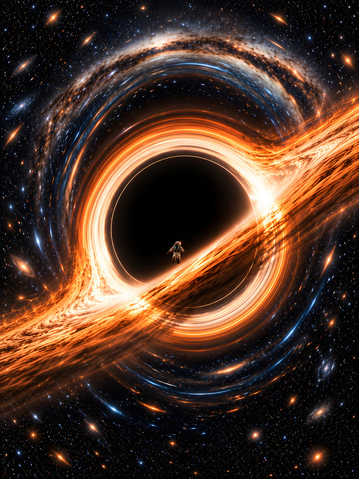 Die letzte Drift – Winziger Astronaut vor einem gewaltigen schwarzen Loch, vollständiges Motiv
