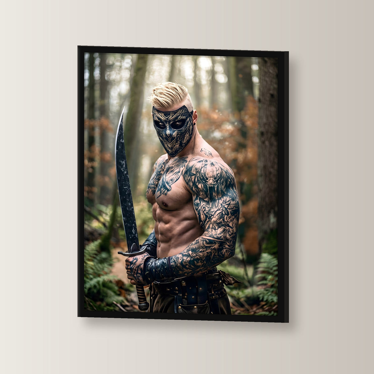 Der Maskenkrieger – Tätowierter Krieger mit Maske und Schwert im Nebelwald, im schwarzen Holzrahmen, leicht gedreht an der Wand