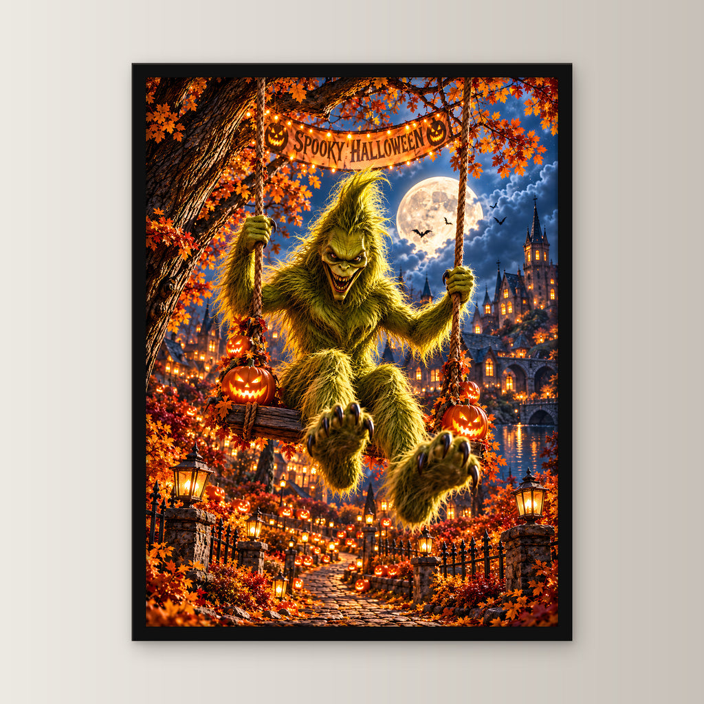 Die Mondschaukel – Halloween-Monster auf einer Schaukel unter dem Vollmond, im schwarzen Holzrahmen, gerade von vorn an heller Wand