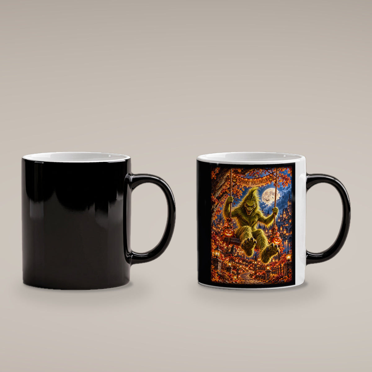 Die Mondschaukel – Halloween-Monster auf einer Schaukel unter dem Vollmond, Black Edition (Zaubertasse), kalt schwarz und heiß mit sichtbarem Motiv