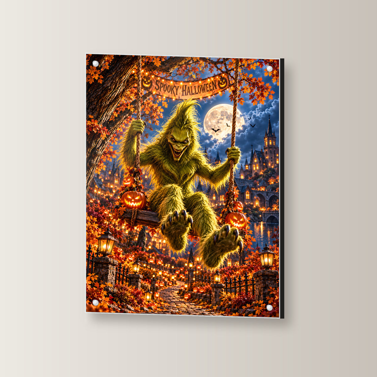 Die Mondschaukel – Halloween-Monster auf einer Schaukel unter dem Vollmond, auf Acrylglas mit vier Abstandshaltern, leicht gedreht an der Wand