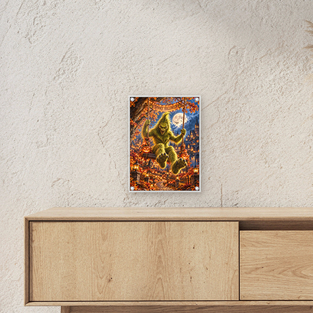 Die Mondschaukel – Halloween-Monster auf einer Schaukel unter dem Vollmond, auf Acrylglas mit vier Abstandshaltern, über einem Sideboard, zeigt die Größe im Raum
