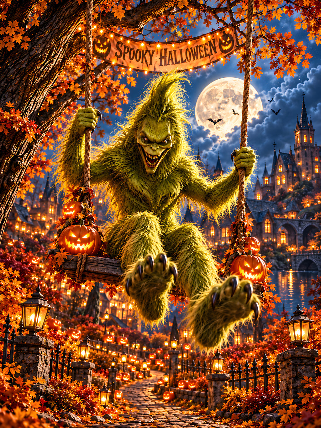 Die Mondschaukel – Halloween-Monster auf einer Schaukel unter dem Vollmond, vollständiges Motiv
