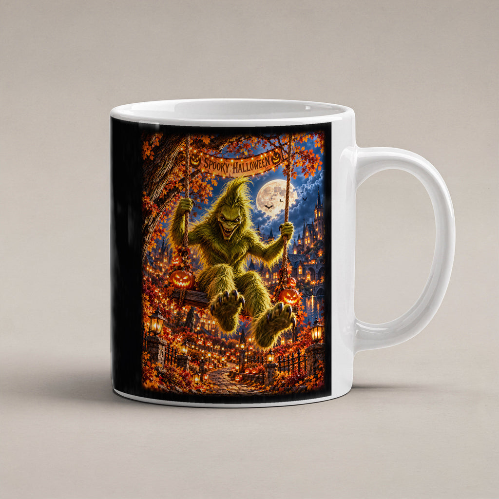 Die Mondschaukel – Halloween-Monster auf einer Schaukel unter dem Vollmond, Tasse Weiß, freigestellte Produktansicht
