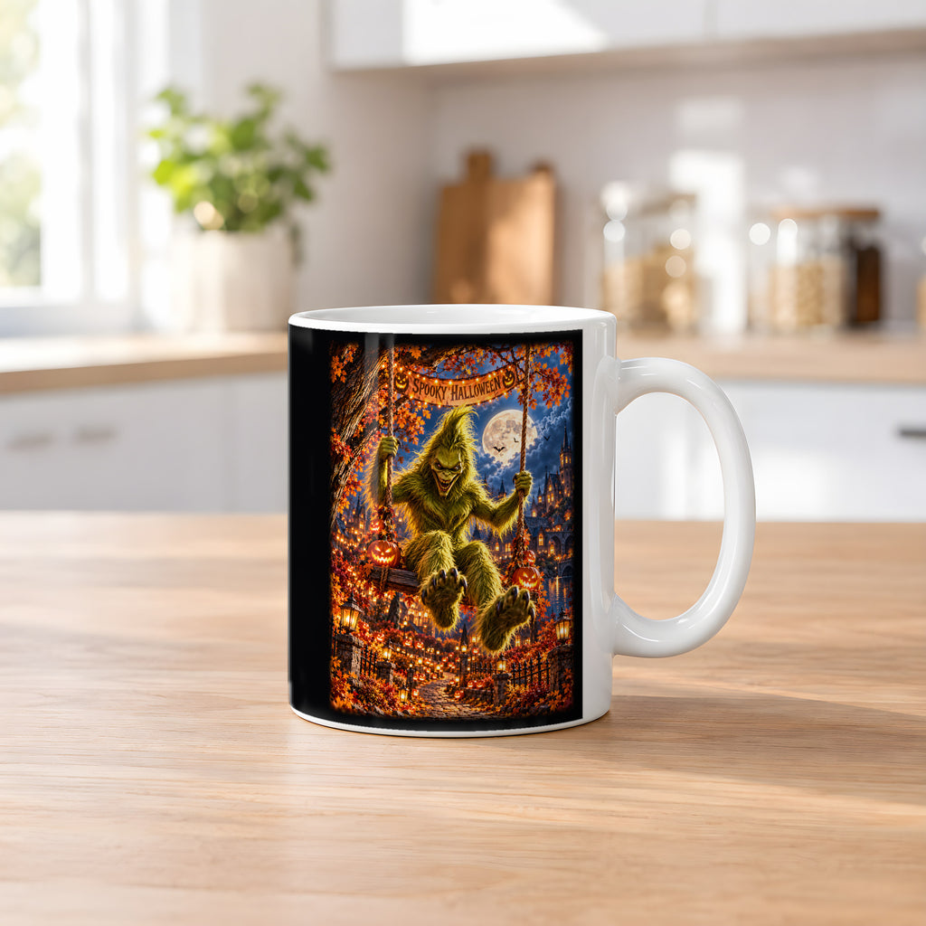 Die Mondschaukel – Halloween-Monster auf einer Schaukel unter dem Vollmond, Tasse Weiß, auf einem Küchentresen