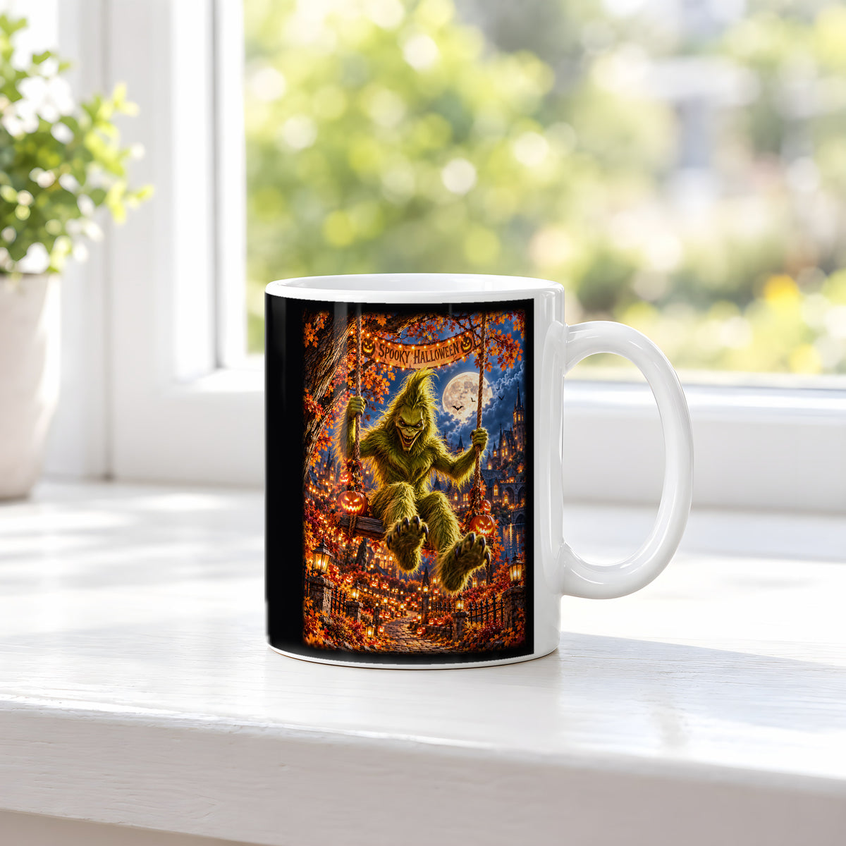 Die Mondschaukel – Halloween-Monster auf einer Schaukel unter dem Vollmond, Tasse Weiß, auf einer Fensterbank