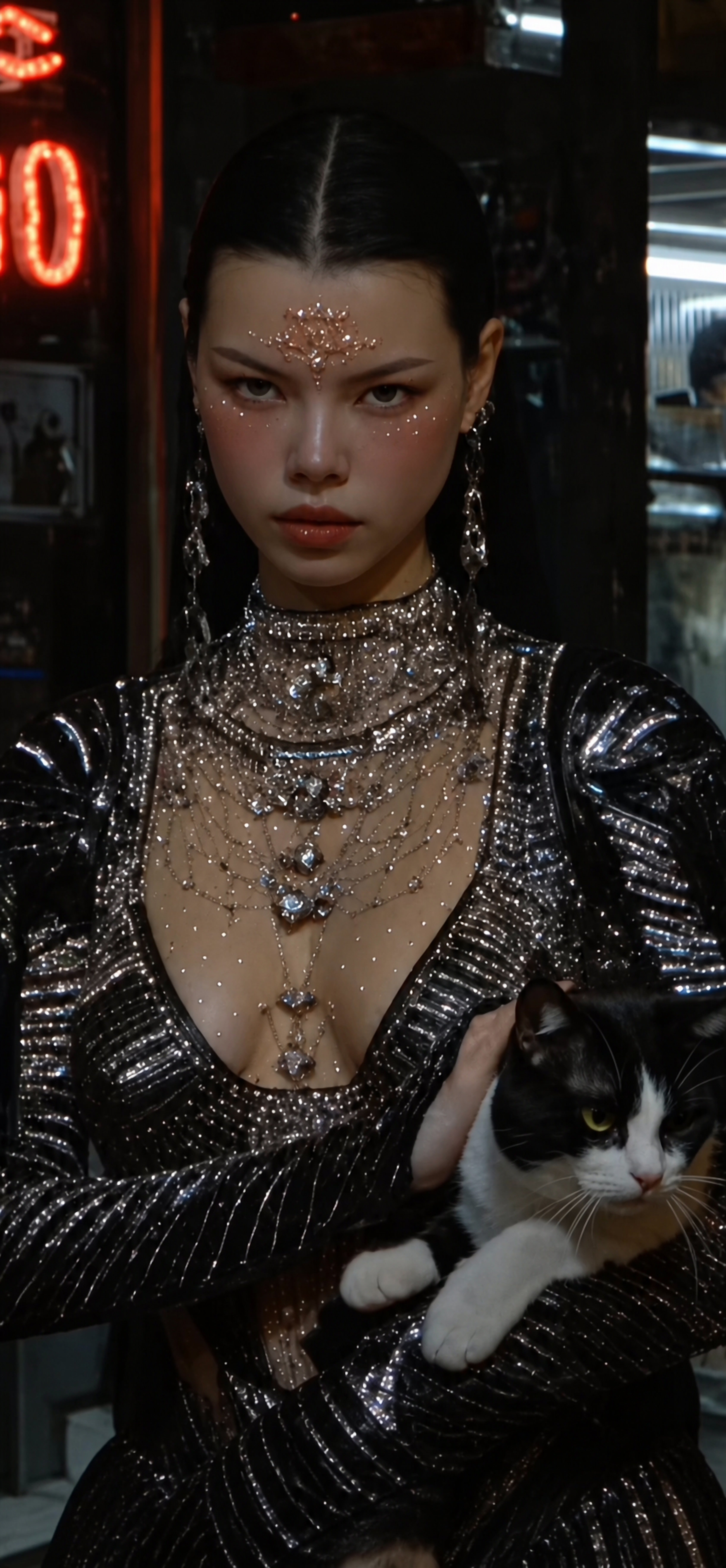 Die Katzenkönigin – Cyberpunk Dark-Portrait, gerahmtes Wandbild | Fantasywand