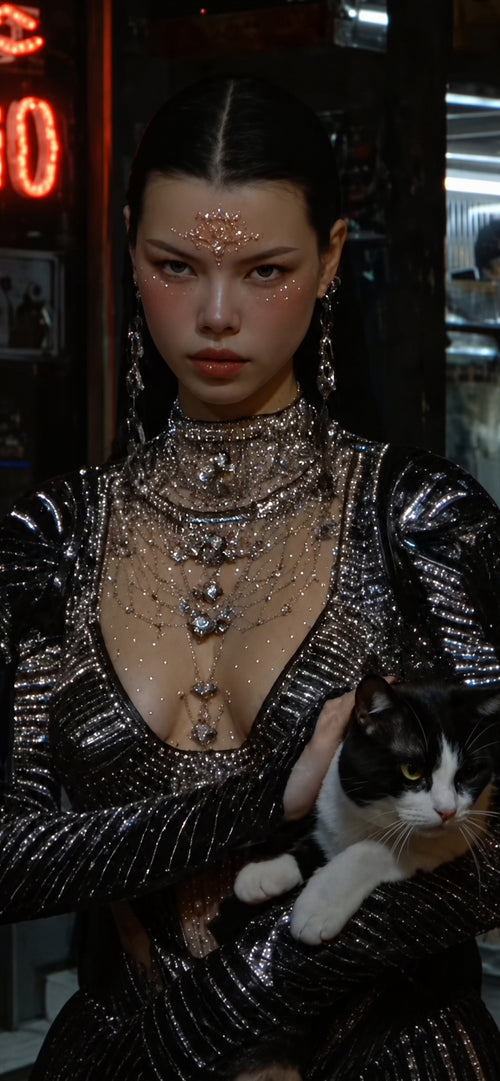Die Katzenkönigin – Cyberpunk Dark-Portrait, gerahmtes Wandbild | Fantasywand