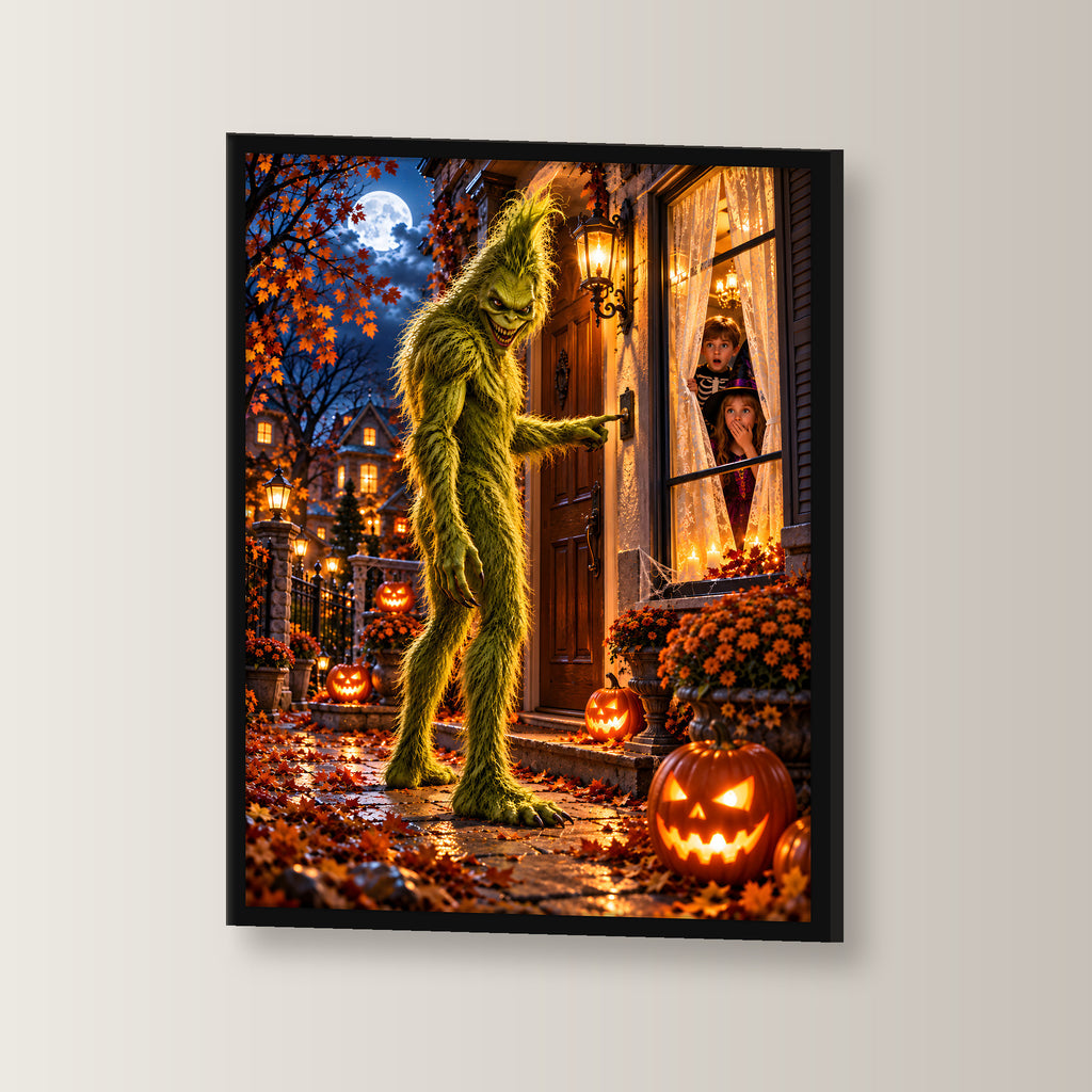 Der Nachtbesuch – Halloween-Monster an der Tür mit Kindern am Fenster, im schwarzen Holzrahmen, leicht gedreht an der Wand