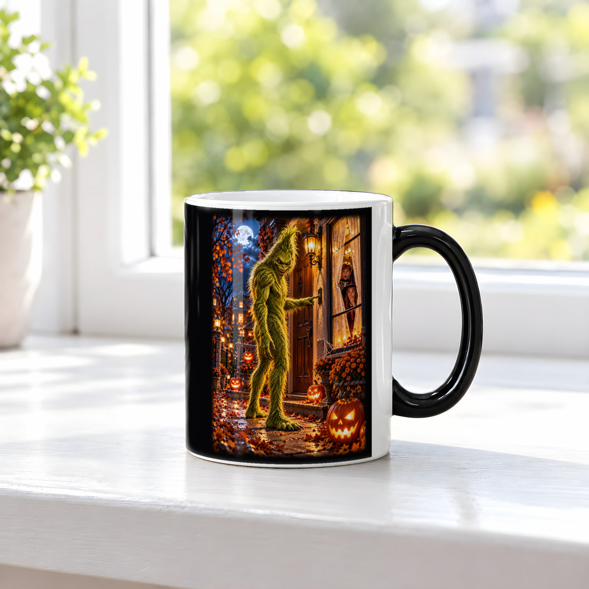 Der Nachtbesuch – Halloween-Monster an der Tür mit Kindern am Fenster, Black Edition (Zaubertasse), auf einer Fensterbank