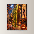 Der Nachtbesuch – Halloween-Monster an der Tür mit Kindern am Fenster, auf Acrylglas mit vier Abstandshaltern, gerade von vorn an heller Wand