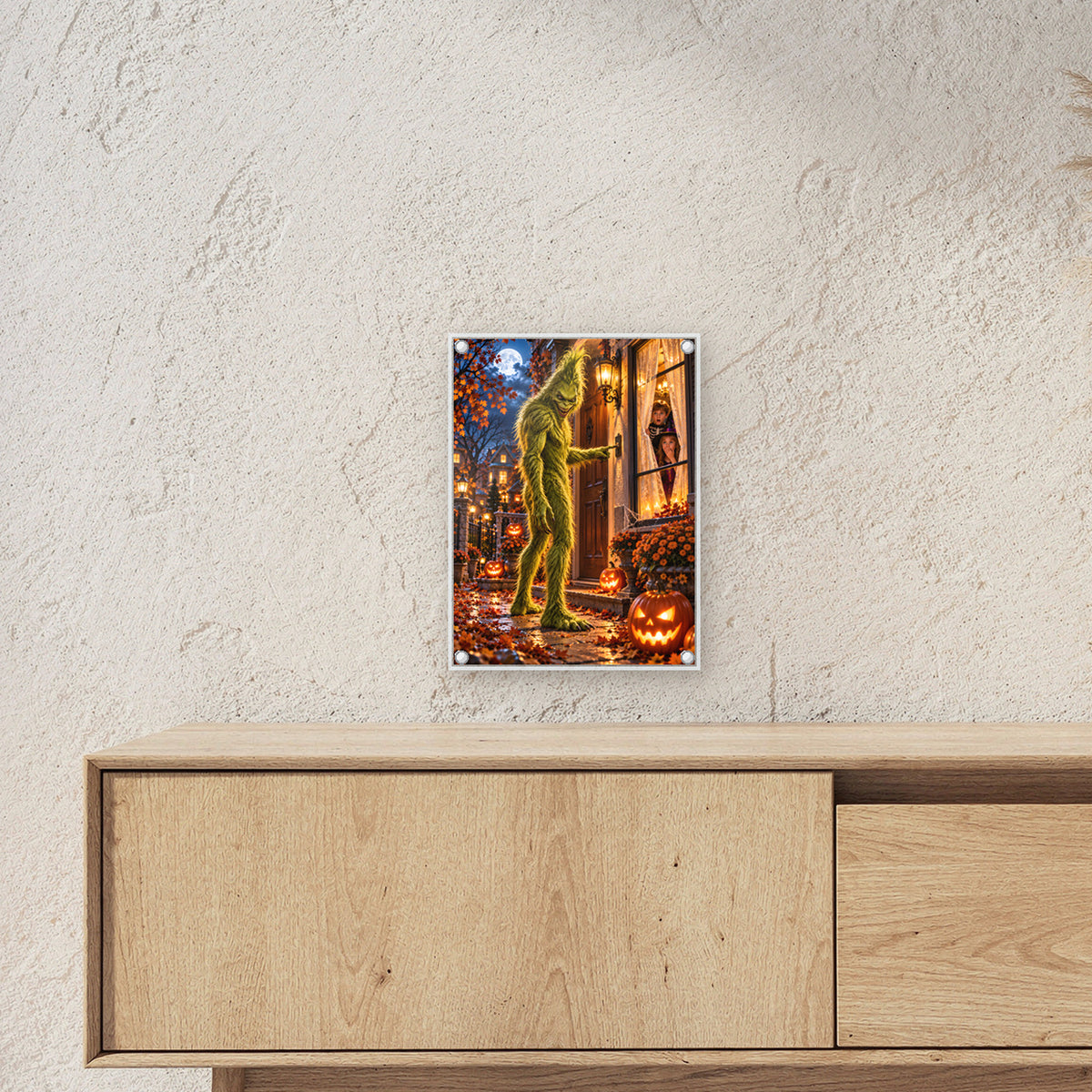 Der Nachtbesuch – Halloween-Monster an der Tür mit Kindern am Fenster, auf Acrylglas mit vier Abstandshaltern, über einem Sideboard, zeigt die Größe im Raum