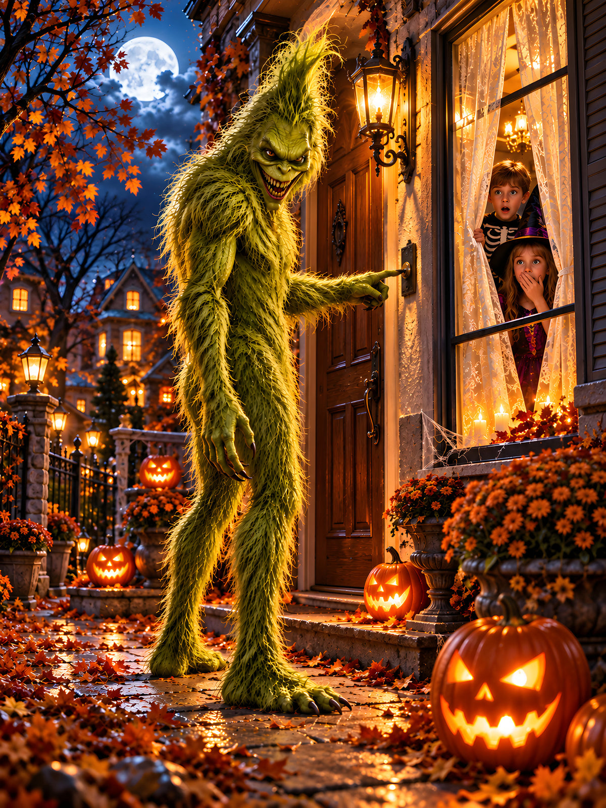 Der Nachtbesuch – Halloween-Monster an der Tür mit Kindern am Fenster, vollständiges Motiv