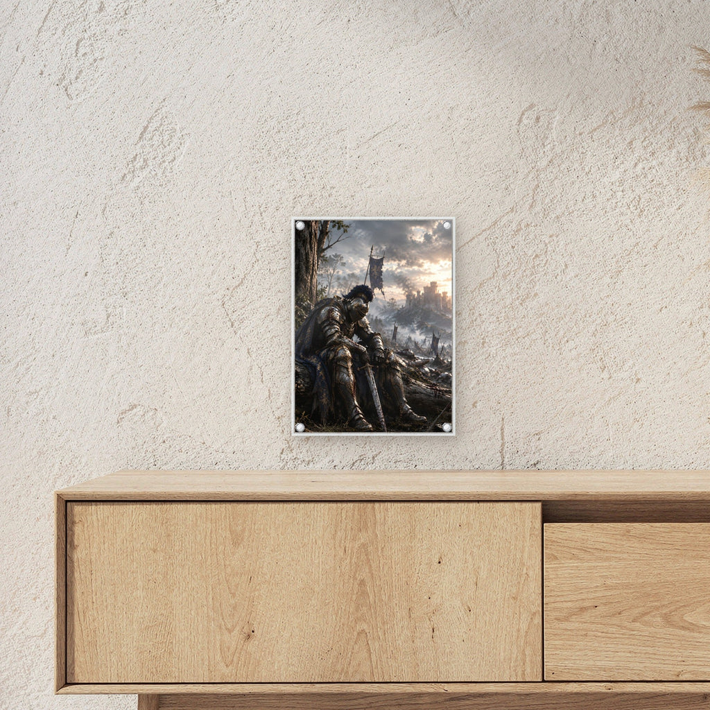 Nach der Schlacht – Erschöpfter Ritter rastet vor der Burg im Nebel, auf Acrylglas mit Abstandshaltern, über einem Sideboard